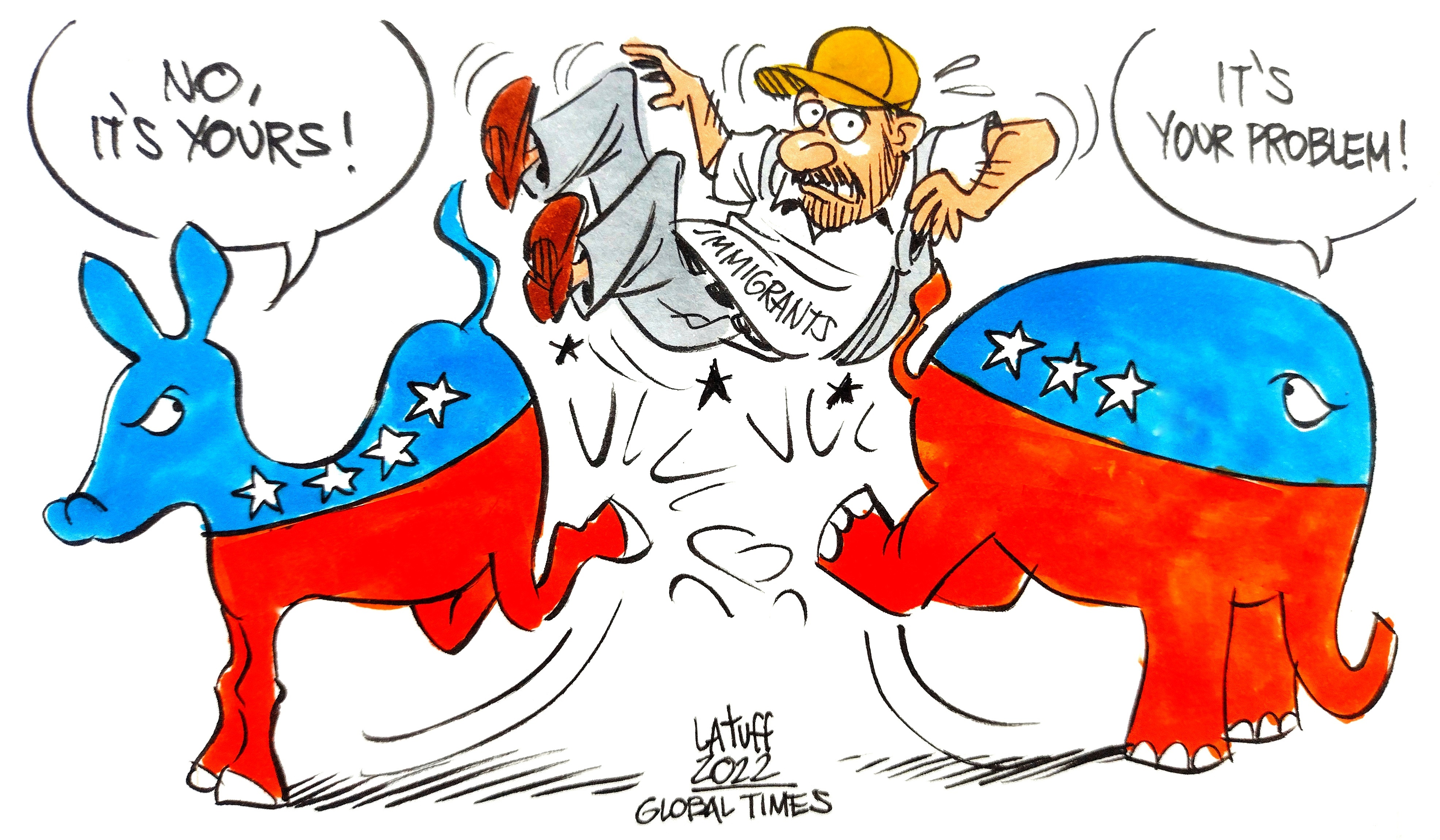 Migrants used as political pawns in US. Cartoon: Carlos Latuff