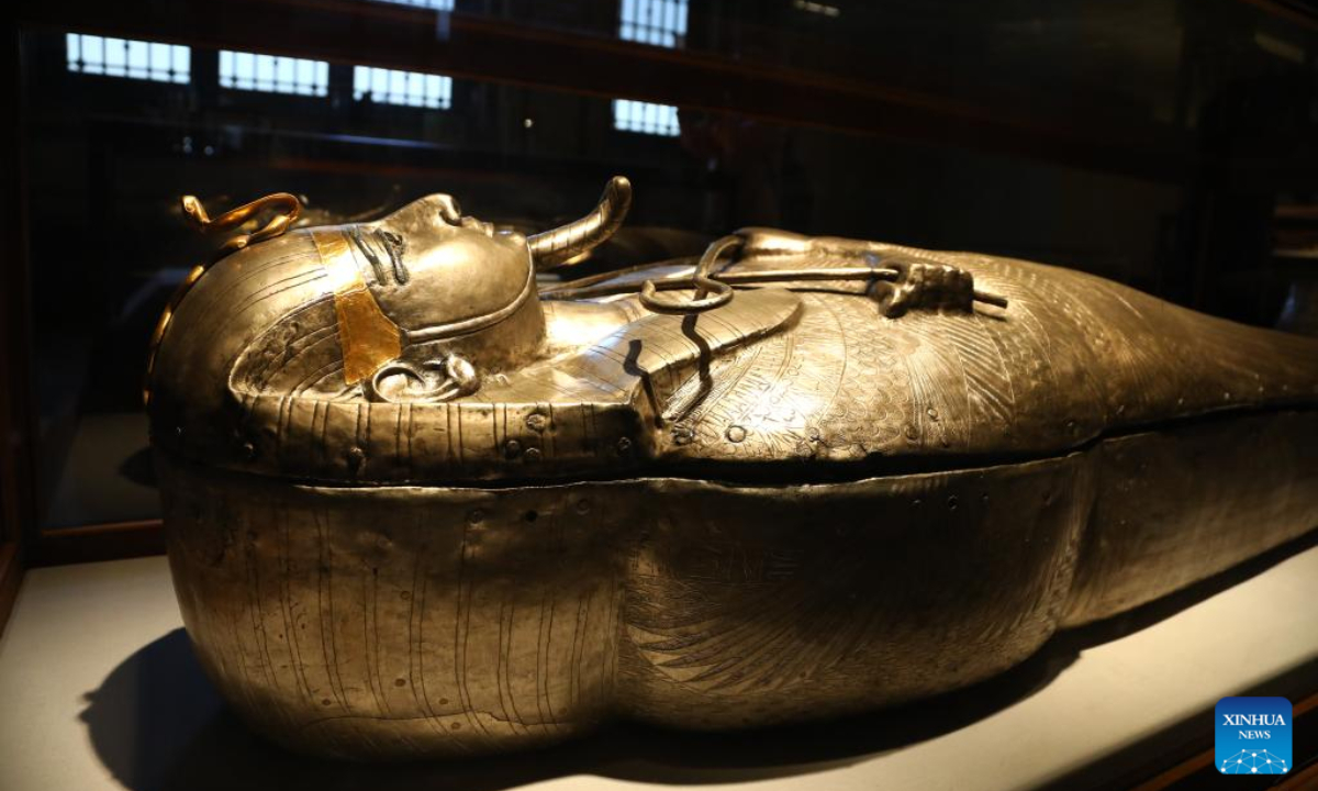 Photo taken on Oct. 3, 2022 shows the silver coffin for Pharaoh Psusennes I on display during the exhibition of the Treasure of Tanis at Egyptian Museum in Cairo, Egypt. The museum recently opened the exhibition in celebration of the 200th anniversary of the creation of the field of Egyptology and the decoding of ancient hieroglyphs. (Xinhua/Ahmed Gomaa)