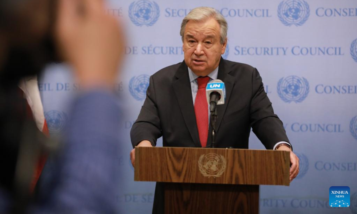 UN Secretary-General Antonio Guterres speaks to reporters at the UN headquarters in New York, Oct 3, 2022. Guterres on Monday called on all countries to make climate action the global priority. Photo:Xinhua