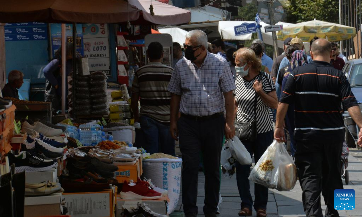 People shop at a market in Ankara, Türkiye, Oct. 3, 2022. Türkiye's annual inflation hit 83.45 percent in September, the highest in 24 years, the Turkish Statistical Institute announced on Monday. Photo:Xinhua