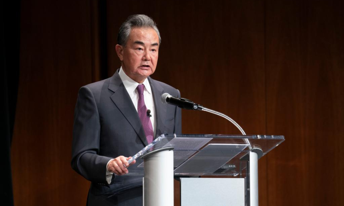 Chinese State Councilor and Foreign Minister Wang Yi expounds on the right way for China and the United States to develop relations in the new era while making a keynote speech at the headquarters of Asia Society in New York, the United States, Sep 22, 2022. Photo:Xinhua