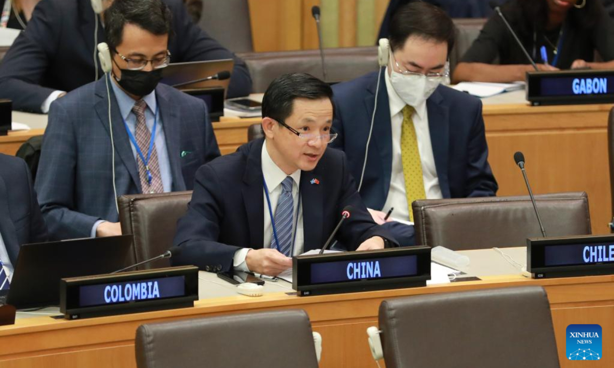 Dai Bing (front), China's deputy permanent representative to the United Nations, speaks during the opening of the main session of the Fifth Committee of the 77th UN General Assembly at the UN headquarters in New York, Oct 3, 2022. Dai on Monday urged all UN member states, especially major contributors, to fulfill their financial obligations on time and in full. Photo:Xinhua
