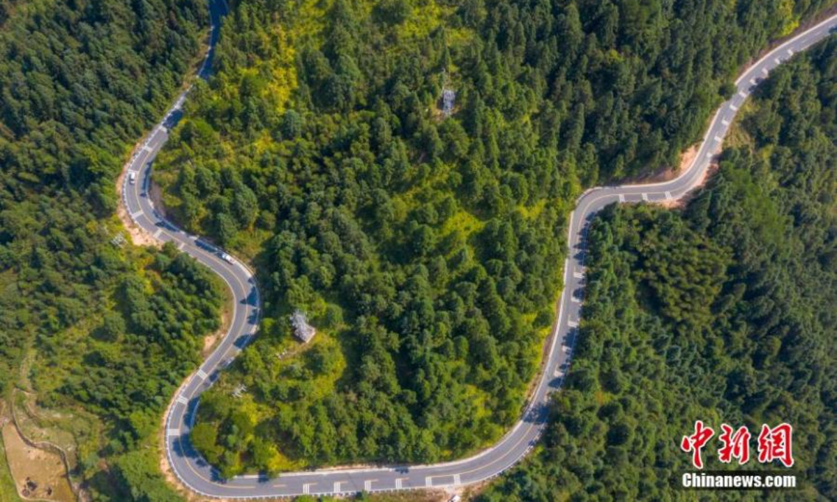 Aerial view shows a winding mountain road in Congjiang county of Qiandongnan Miao and Dong Autonomous Prefecture, southwest China's Guizhou Province. A web of roads connecting settlements scattered in Guizhou's mountain area has been built and played an indispensable role in poverty eradication. Photo:China News Service
