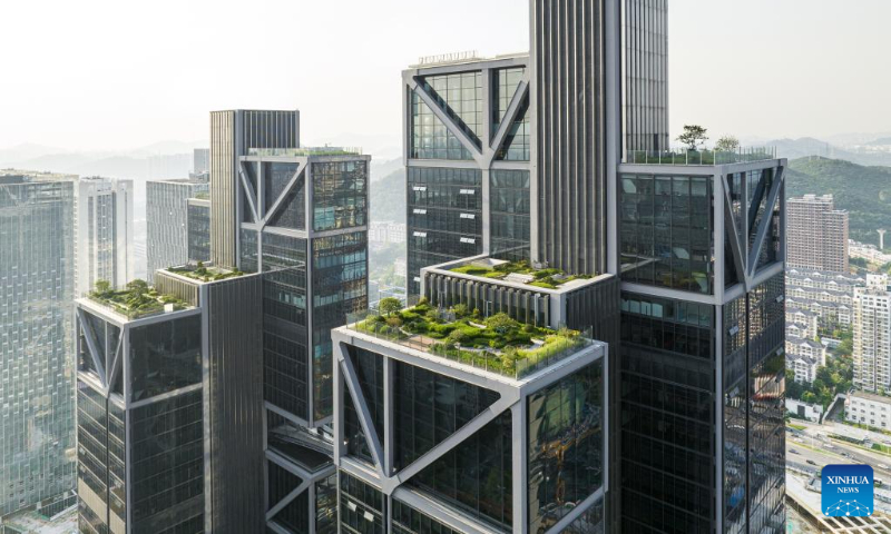 Aerial photo taken on Sept. 13, 2022 shows the roof gardens of the new headquarters building of Chinese drone maker DJI in Nanshan District of Shenzhen, south China's Guangdong Province. (Photo by Tian Fangfang/Xinhua)