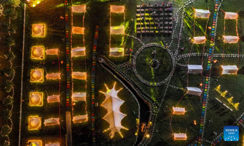 Aerial photo taken on Oct. 5, 2022 shows the view of a camping area in Zunhua City, north China's Hebei Province. (Photo by Liu Mancang/Xinhua)