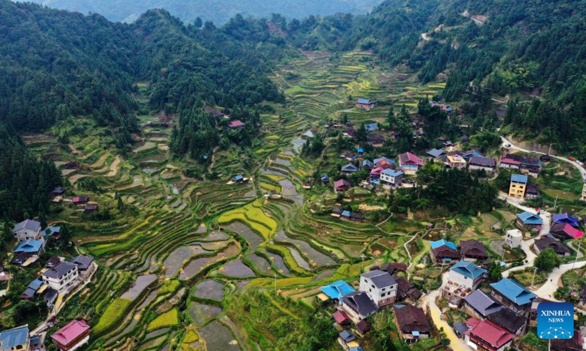 Aerial photo taken on Sep 22, 2022 shows a view of the Liangshuang Village in Hongshui Township, Rongshui Miao Autonomous County, south China's Guangxi Zhuang Autonomous Region. Photo:Xinhua