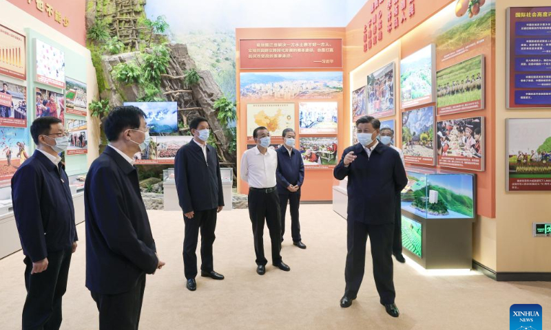 Xi Jinping and other Communist Party of China and state leaders Li Keqiang, Li Zhanshu, Wang Yang, Wang Huning, Zhao Leji and Han Zheng visit the exhibition -- Forging Ahead in the New Era -- at the Beijing Exhibition Hall in Beijing, capital of China, Sept. 27, 2022. Photo: Xinhua
