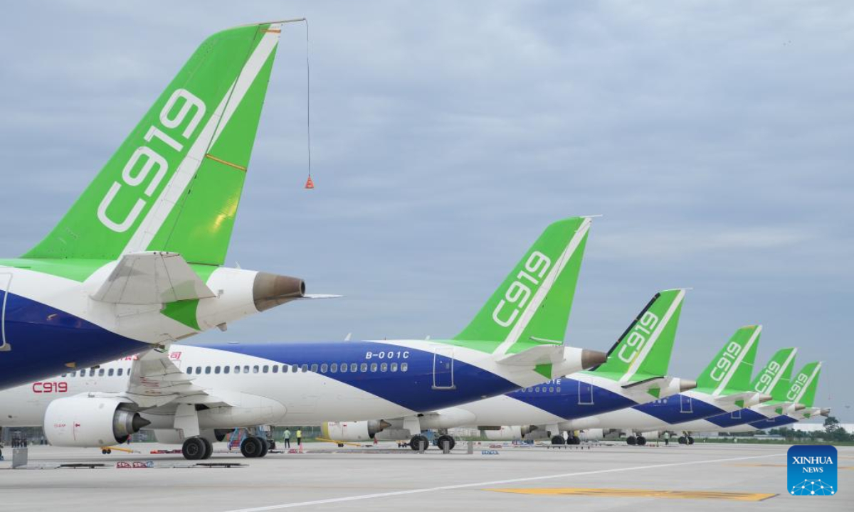 Photo taken on July 18, 2022 shows a C919 jet, China's first homegrown large jetliner, in Pucheng County, northwest China's Shaanxi Province. The C919, China's first homegrown large jetliner, has obtained the type certificate, a milestone step on its journey to market operation. Photo:Xinhua