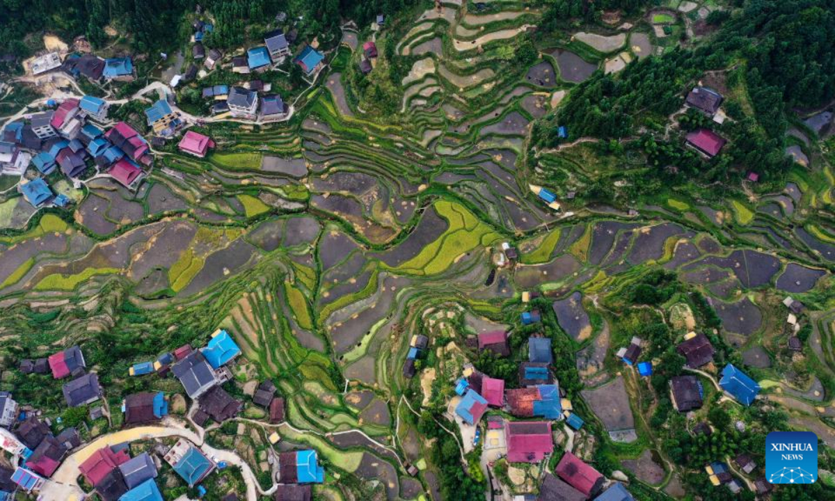 Aerial photo taken on Sep 22, 2022 shows a view of the Liangshuang Village in Hongshui Township, Rongshui Miao Autonomous County, south China's Guangxi Zhuang Autonomous Region. Photo:Xinhua
