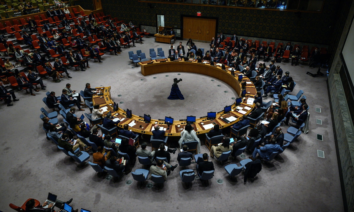 A general view shows a United Nations Security Council meeting at the UN headquarters in New York on September 30, 2022. Photo:AFP