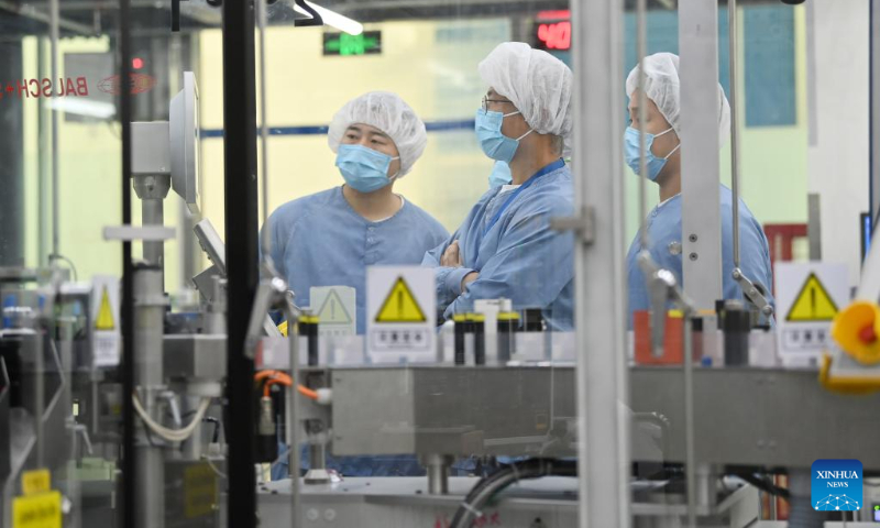 Staff members work at a workshop of Novo Nordisk (China) Pharmaceutical Co., Ltd. in Tianjin, north China, Sept. 22, 2022. (Xinhua/Li Ran)