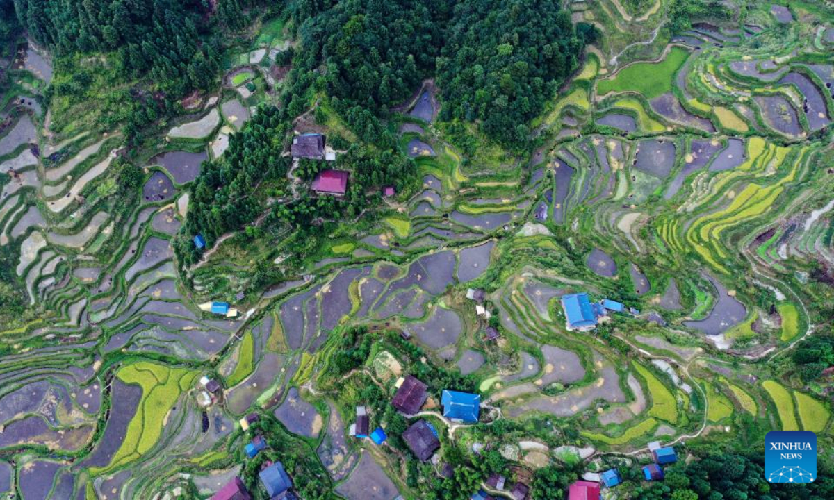 Aerial photo taken on Sep 22, 2022 shows a view of the Liangshuang Village in Hongshui Township, Rongshui Miao Autonomous County, south China's Guangxi Zhuang Autonomous Region. Photo:Xinhua
