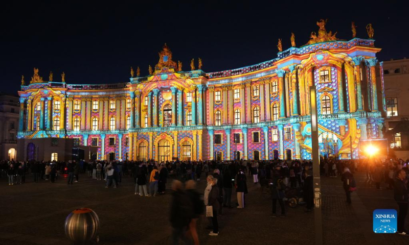 Photo taken on Oct. 7, 2022 shows the law faculty building of Humboldt University of Berlin illuminated during the 2022 Festival of Lights in Berlin, Germany. (Photo by Stefan Zeitz/Xinhua)