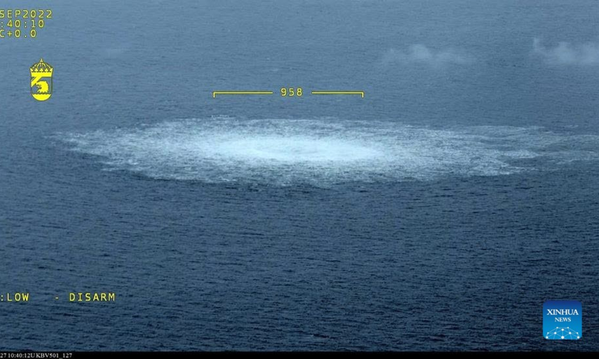 Aerial photo provided by the Swedish Coast Guard on Sep 27, 2022 shows the gas leak from Nord Stream in the Baltic Sea. Photo:Xinhua