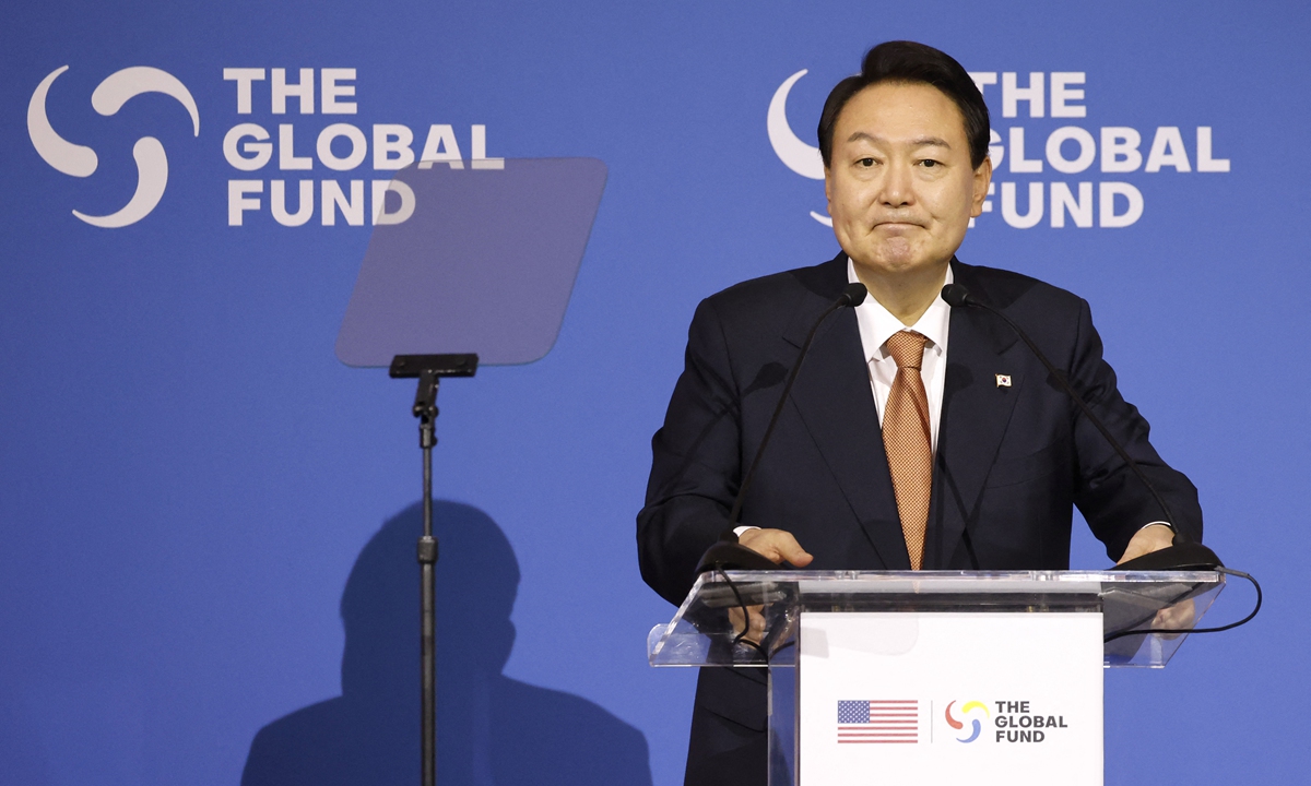 South Korean President Yoon Suk-yeol speaks during the Global Fund's Seventh Replenishment Conference in New York City on September 21, 2022.Photo: AFP
