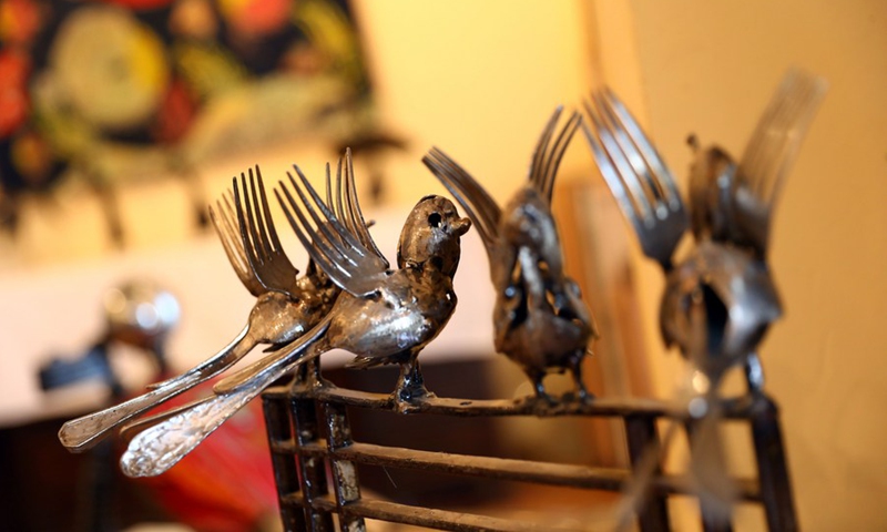 An artwork made of scrap metal by Egyptian sculptor Ammar Shiha is seen at Shiha's home in Giza, Egypt, on Sept. 3, 2022.(Photo: Xinhua)