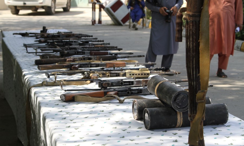 Photo taken on Sept. 21, 2022 shows the weapons seized by Afghan law enforcement agencies in Jalalabad, capital city of Nangarhar province, Afghanistan.(Photo: Xinhua)