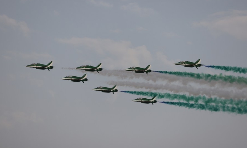 Aircraft from the Saudi Hawks aerobatic display team perform during an air show to celebrate Saudi Arabia's National Day in Riyadh, Saudi Arabia, on Sept. 22, 2022.Photo:Xinhua
