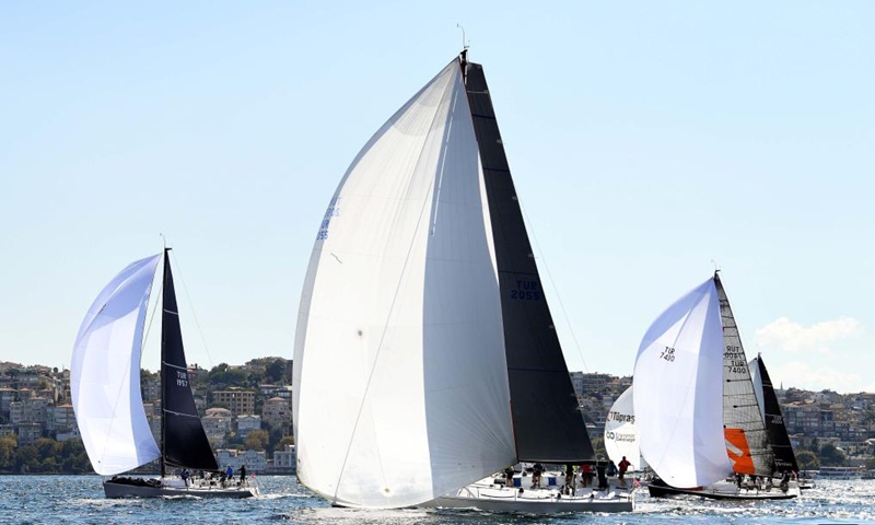 Sailors participate in the 21st Bosphorus Cup sailing race in Istanbul, Türkiye, Sept. 24, 2022.Photo:xinhua