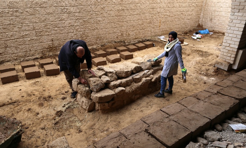 Palestinian archaeological experts work on restoring an old mosaic floor and a tomb at an archaeological site dating back to the Byzantine era in the town of Abasan east of the southern Gaza Strip city of Khan Younis, on Dec. 20, 2021.Photo:Xinhua