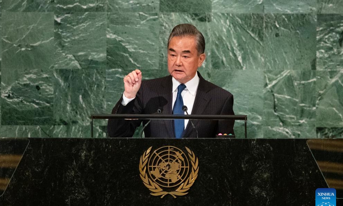 Chinese State Councilor and Foreign Minister Wang Yi delivers a speech at the general debate of the 77th session of the United Nations (UN) General Assembly at the UN headquarters in New York, on Sept. 24, 2022. Photo: Xinhua