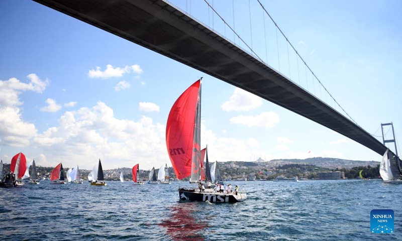 Sailors participate in the 21st Bosphorus Cup sailing race in Istanbul, Türkiye, Sept. 24, 2022.Photo:xinhua
