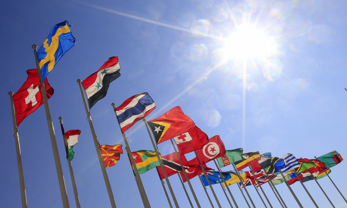 Various national flags at the United Nations building at Vienna?Photo: AFP