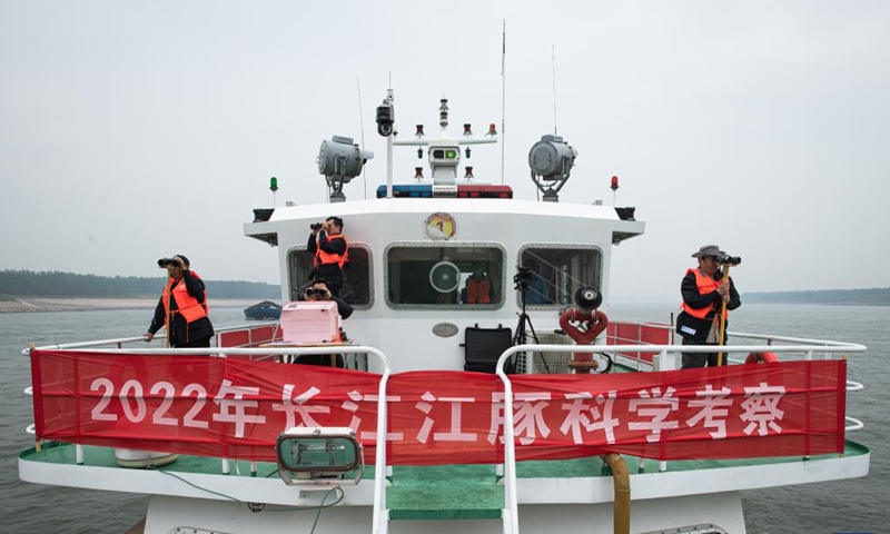 Researchers use binoculars to conduct monitoring work during a scientific expedition on Yangtze finless porpoises at the Shishou section of the Yangtze River, central China's Hubei Province, Sept. 23, 2022.Photo:xinhua