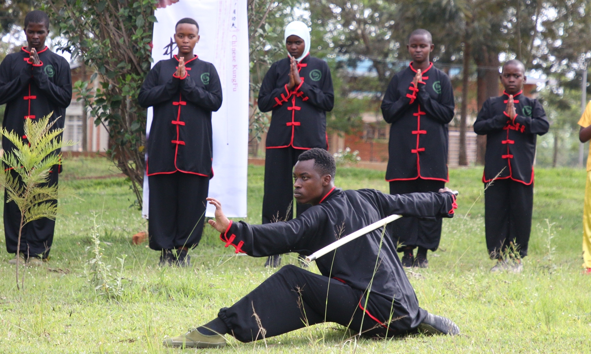Students demonstrate Chinese martial arts at the University of Rwanda on November 10, 2021.