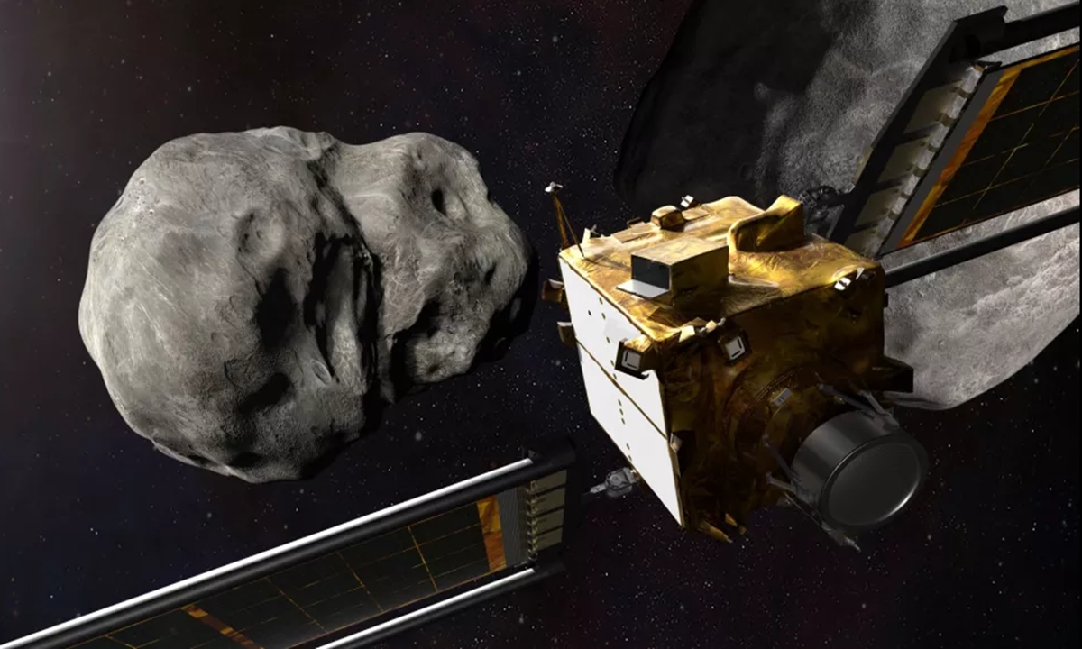 An artist's depiction of the DART spacecraft approaching the asteroid Dimorphos. Screenshot from space.com