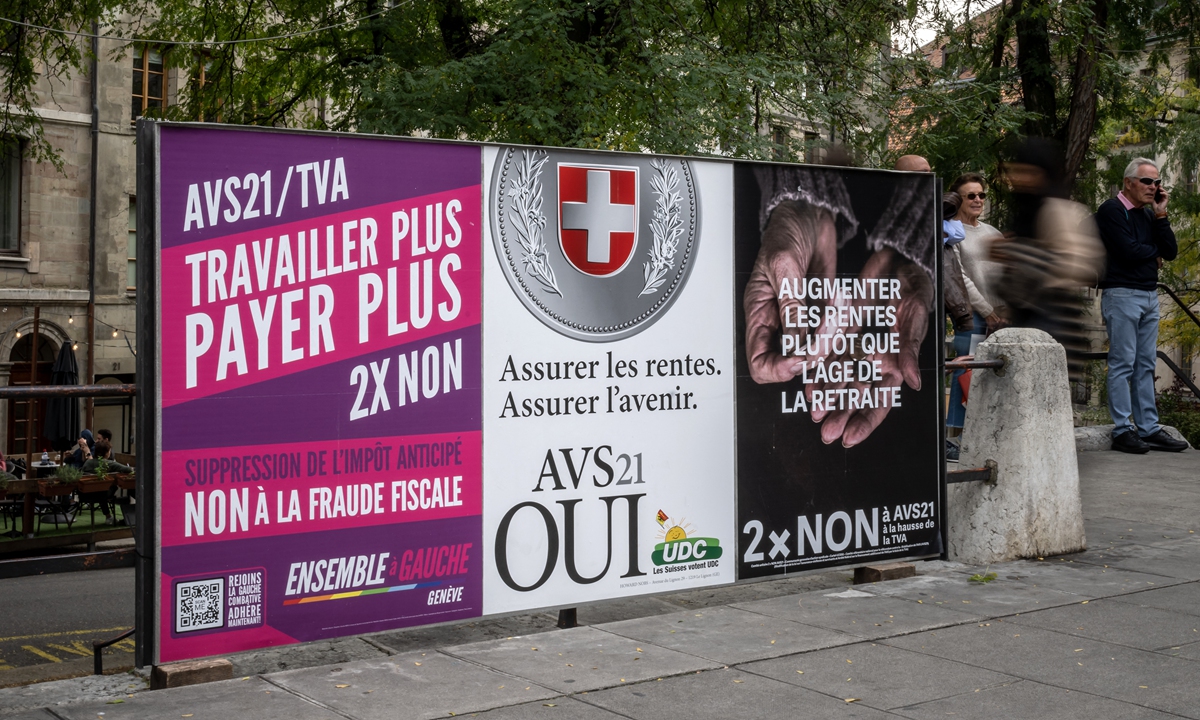 A picture taken on September 23, 2022 shows electoral posters ahead of a vote on a pension reform, in Geneva, Switzerland. Photo: AFP