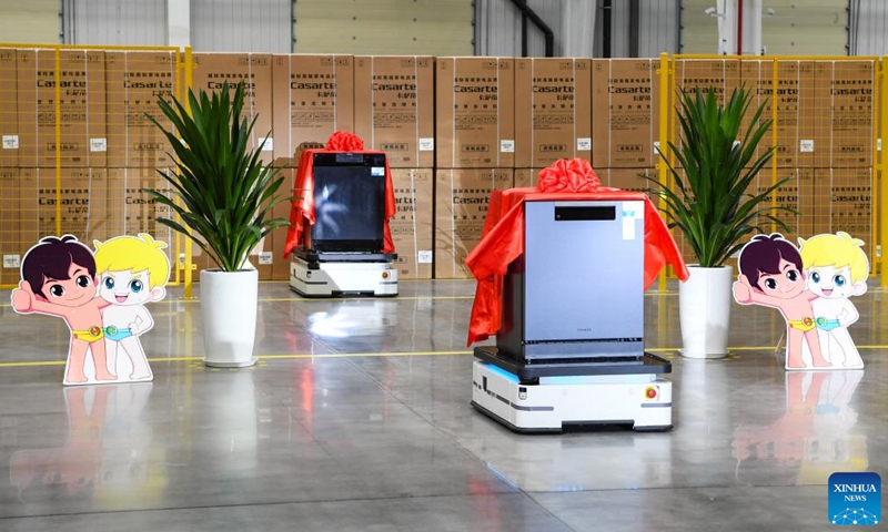 Photo taken on Sept. 25, 2022 shows finished dishwasher products displayed during an off-line ceremony of a dishwasher interconnected factory of Chongqing Haier Washing Electric Appliances Co.LTD in southwest China's Chongqing.Photo:Xinhua