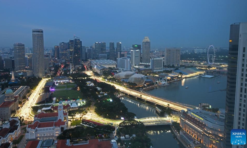 Photo taken on Sept. 26, 2022 shows Marina Bay Street Circuit of the upcoming F1 Singapore Grand Prix Night Race in Singapore. The F1 Singapore Grand Prix night race will be held from Sept. 30 to Oct. 2.(Photo: Xinhua)