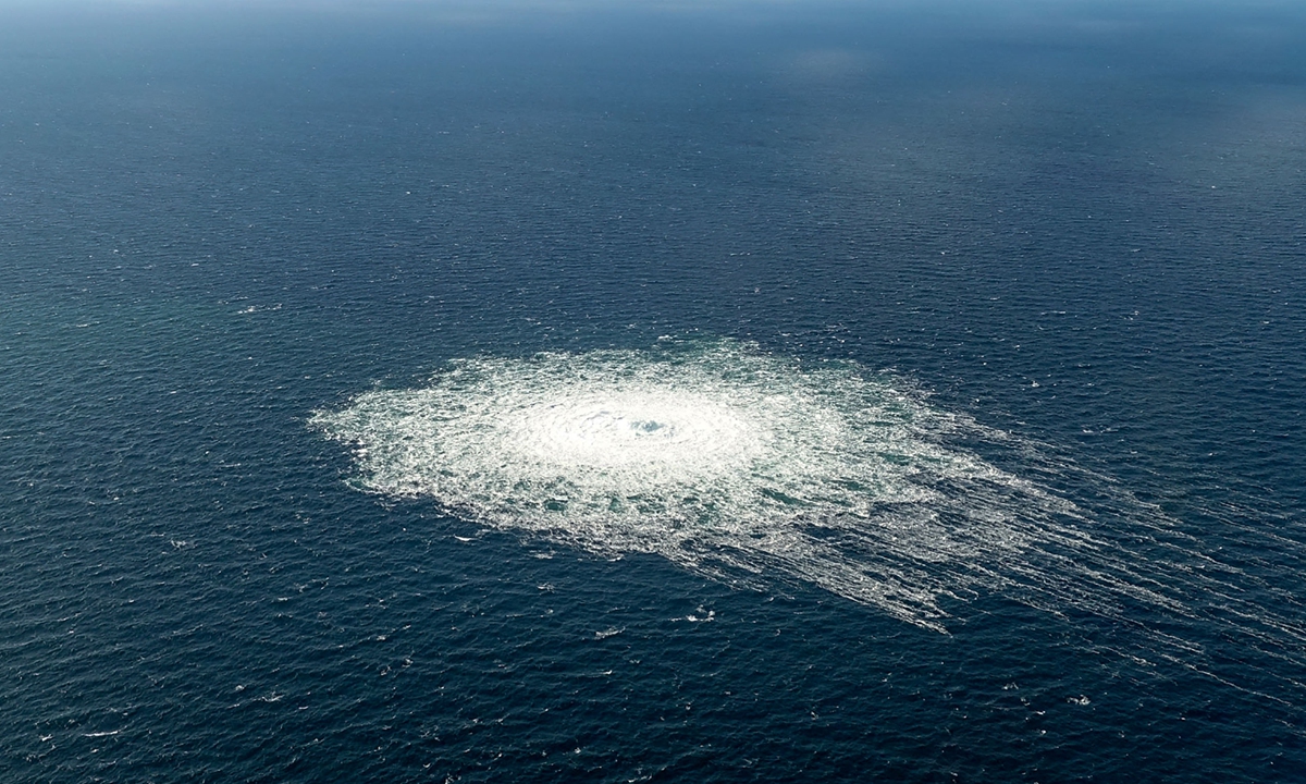 A picture released by the Danish Defence Command shows the gas leak at the Nord Stream 2 gas pipeline seen from the Danish F-16 interceptor on Bornholm, Denmark on September 27, 2022. The two Nord Stream gas pipelines linking Russia and Europe have been hit by unexplained leaks, raising suspicions of sabotage. Photo: AFP