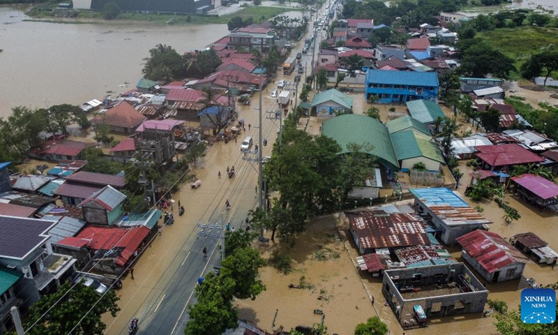 Aerial photo shows flooded area affected by super typhoon Noru in Bulacan Province, the Philippines, Sept. 26, 2022. Super typhoon Noru slammed Luzon island in the Philippines with heavy rainfall and winds since Sunday afternoon, leaving five people dead, as it blew away from the Southeast Asian country on Monday.(Photo: Xinhua)