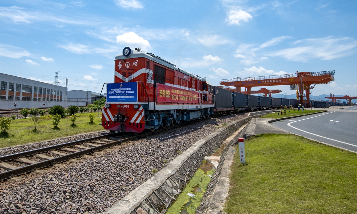 East China's Zhejiang Province launches it first international freight train that runs via the China-Laos Railway, on June 29, 2022. Photo: VCG