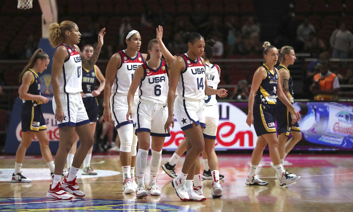 Team US celebrate winning the FIBA Women's Basketball World Cup Group A game between Bosnia and Herzegovina and the US in Sydney, Australia on September 27, 2022. Photo: AFP
