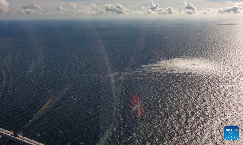 Aerial photo released by the Danish Ministry of Defense on Sept. 27, 2022 shows the Nord Stream gas pipeline leak site. Measuring stations in Sweden registered strong underwater explosions in the same area of sea as the gas leaks that occurred in the Nord Stream 1 and 2 pipelines on Monday, Swedish television (SVT) reported on Tuesday. The government of Denmark considers the Nord Stream gas pipeline leaks deliberate actions, Danish Prime Minister Mette Frederiksen said on Tuesday.(Photo: Xinhua)