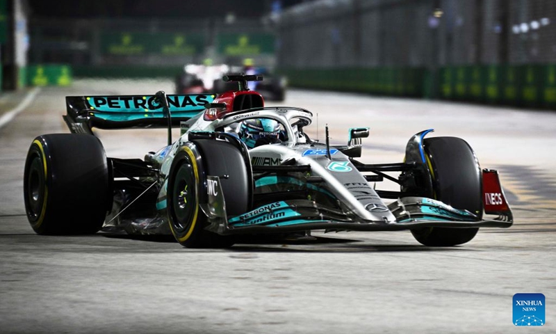 Mercedes' British driver George Russell drives during the second practise session of the Formula One Singapore Grand Prix Night Race at the Marina Bay Street Circuit in Singapore on Sept. 30, 2022. (Photo by Then Chih Wey/Xinhua)
