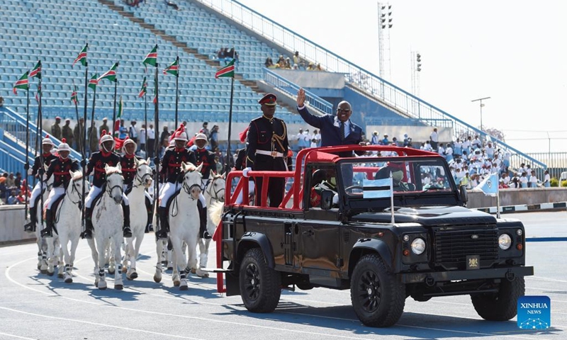 Botswanan President Mokgweetsi Masisi waves to the crowd during the Independence Day celebration in Gaborone, Botswana, on Sept. 30, 2022. Botswana on Friday celebrated the 56th anniversary of its independence. (Photo by Tshekiso Tebalo/Xinhua)