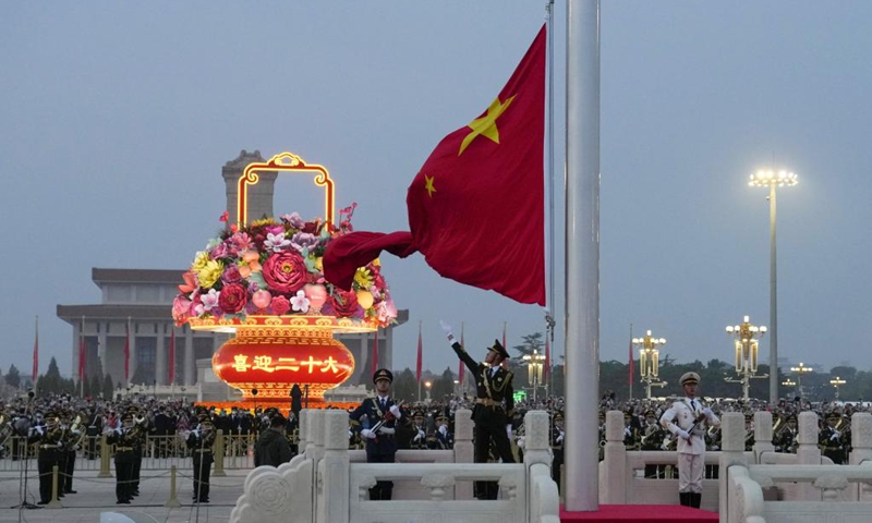 A flag-raising ceremony to celebrate the 73rd anniversary of the founding of the People's Republic of China is held at the Tian'anmen Square in Beijing, capital of China, Oct. 1, 2022. (Xinhua/Ju Huanzong)