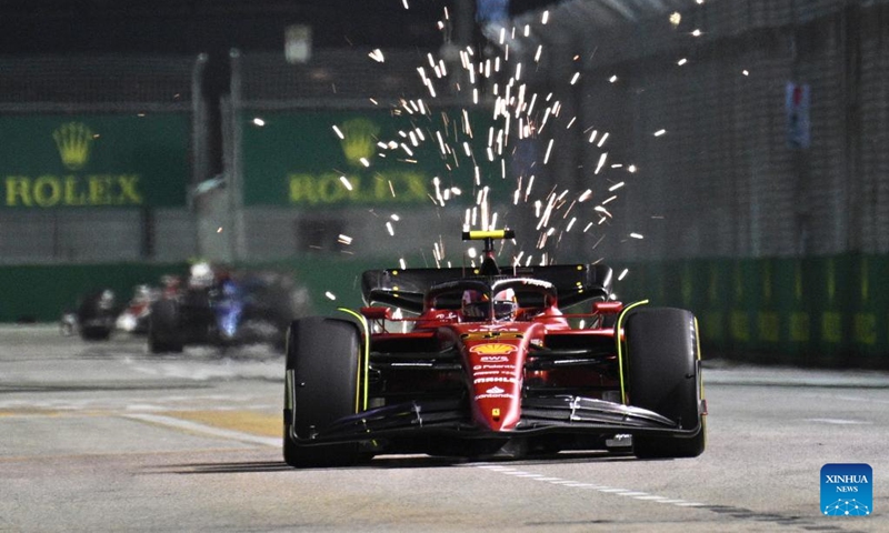 Ferrari's Spanish driver Carlos Sainz drives during the second practise session of the Formula One Singapore Grand Prix Night Race at the Marina Bay Street Circuit in Singapore on Sept. 30, 2022. (Photo by Then Chih Wey/Xinhua)
