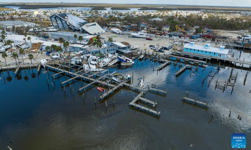 Photo taken on Oct. 4, 2022 shows the aftermath of Hurricane Ian in Fort Myers, Florida, the United States. The death toll from Hurricane Ian in the United States has exceeded 110, while hundreds of thousands of customers remain without power. At least 110 people, including 105 in Florida and five in North Carolina, have died due to Ian, according to a tally by CNN on Wednesday.(Photo: Xinhua)