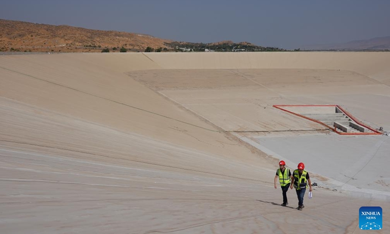 Chinese constructors work at the newly-constructed lower reservoir of the Kokhav Hayarden pumped storage hydropower plant near the city of Beit She'an, Israel, Oct. 4, 2022.Photo:Xinhua
