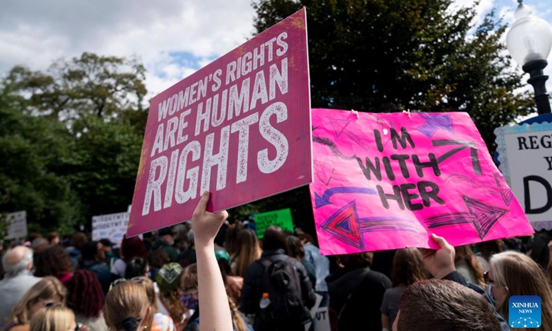 Demonstrators rally for abortion rights in Washington, D.C., the United States, Oct. 8, 2022.(Photo: Xinhua)