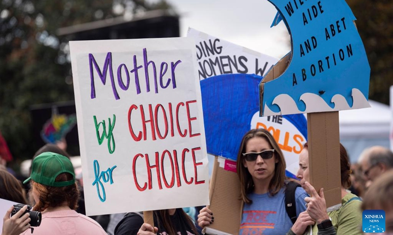 Demonstrators rally for abortion rights in Washington, D.C., the United States, Oct. 8, 2022.(Photo: Xinhua)