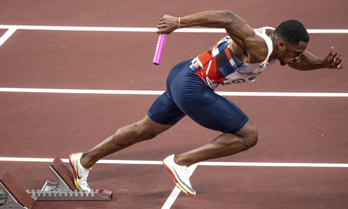 Chijindu Ujah of Great Britain - Italy ITA wins the men& 39s 4x100 meters in front of Great Britain GBR in second place at the Tokyo 2020 Olympic Games, Olympische Spiele, Olympia, OS held in 2021, the game held at the Ariake Arena in Tokyo, Japan. Photo: VCG