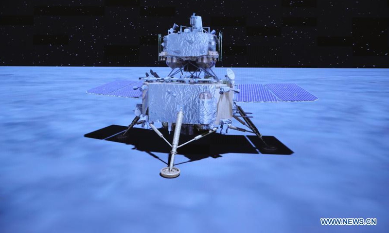 This image taken from video animation at Beijing Aerospace Control Center (BACC) on Dec. 2, 2020 shows Chang'e-5 spacecraft landing on the moon. China's Chang'e-5 spacecraft successfully landed on the near side of the moon late Tuesday and sent back images, the China National Space Administration (CNSA) announced. (Photo: Xinhua)