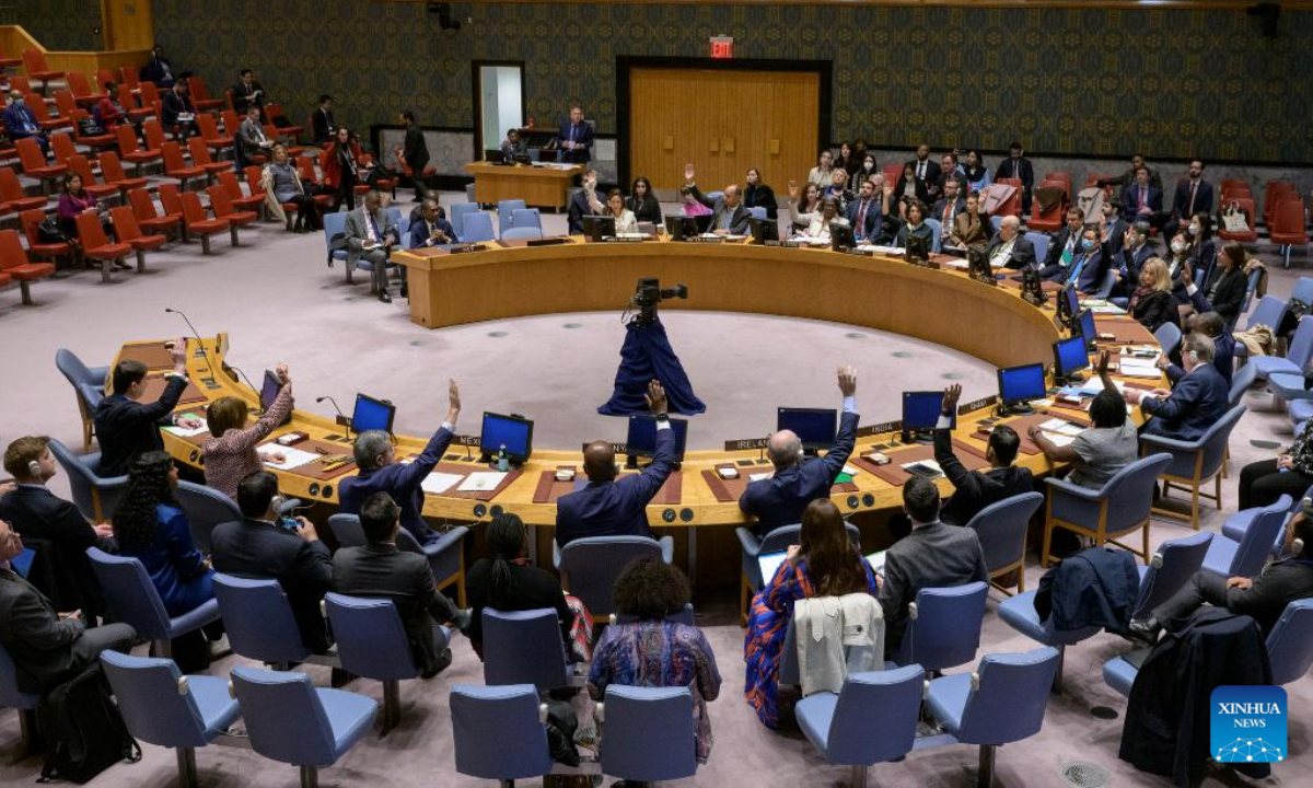 The UN Security Council votes on a draft resolution on Haiti at the UN headquarters in New York, on Oct 21, 2022. A UN Security Council resolution on Friday approved imposing sanctions on Haiti, targeting gang leaders and their financiers, in an effort to end months of violence and lawlessness. Photo:Xinhua