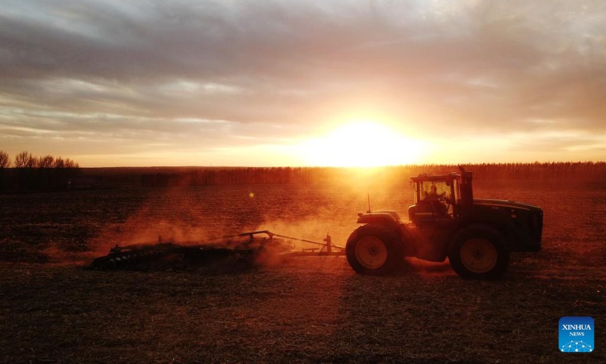 This aerial photo taken on Oct 19, 2022 shows a farming machine working in Bei'an, northeast China's Heilongjiang Province. Photo:Xinhua